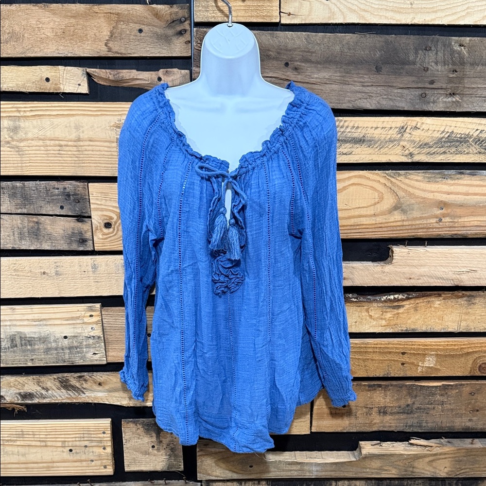 Sundance blue bohemian blouse with a tassel tie neck and embroidered details S